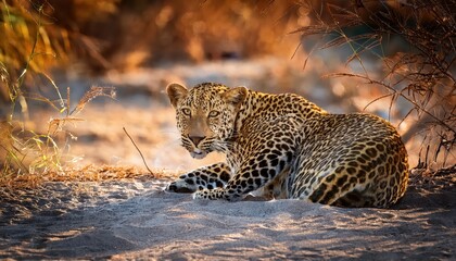 Striking Leopard Spotted in Chobe National Park, Botswana at Dusk, Capturing Power and Majesty with Its Eyes on the Savannah Horizon