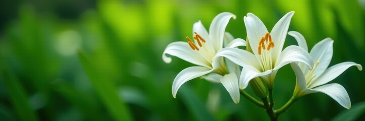 Obraz premium Delicate white lily blossoms against vibrant green foliage , photography, floraldesign, bud
