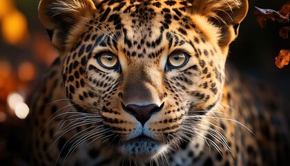 Obraz premium Striking Leopard Spotted in Savannah Grasslands at Dawn, Showcasing Vivid Orange Fur and Powerful Agility Amidst the African Sunrise