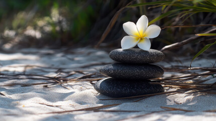 Fototapeta premium An artistic still life of natural Zen elements, with stacked river stones placed symmetrically on finely raked white sand
