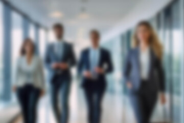 business people walking in the corridor of an business center, pronounced motion blur, crowded bright modern light office movement defocused. office background busy. talking and rushing in the lobby.