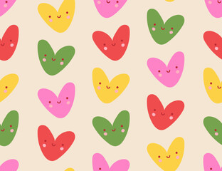 Seamless pattern with cute color hearts. Hand Drawn happy hearts. Vector illustration for sticker, patch, phone case, poster, t-shirt, mug and other design.
