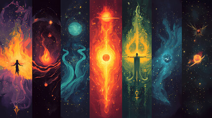 Depiction of astrological themes highlighting fire earth air water elements in cosmic illustrations. Astral Projection Themes. Illustration