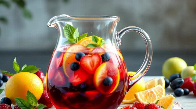 A vibrant pitcher of refreshing fruit punch with assorted berries, citrus, and mint on a bed of ice.