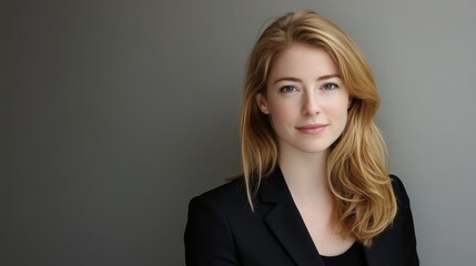 Young professional woman with blonde hair posed against a neutral backdrop in a business setting