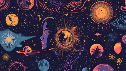 Symbolic portrayal of astrological themes showcasing mystical patterns zodiac symbols. Astral Projection Themes. Illustration