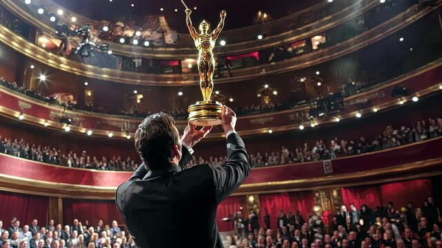 Celebratory award moment in grand theater with enthusiastic audience applause