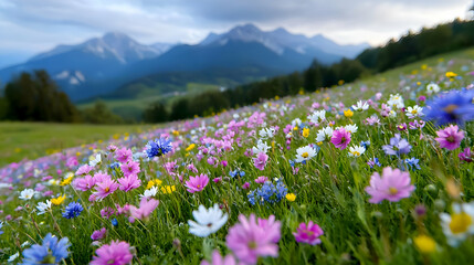 Mountain meadow wildflowers sunset landscape