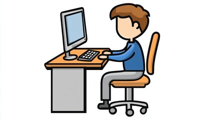 Boy working on computer, office, desk, background simple, website illustration