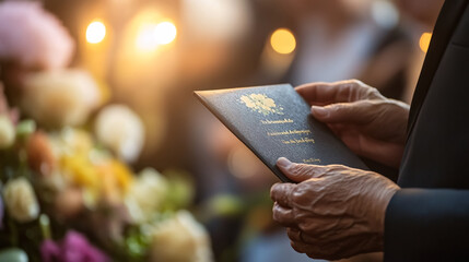 An elderly person's hand holds a funeral program.