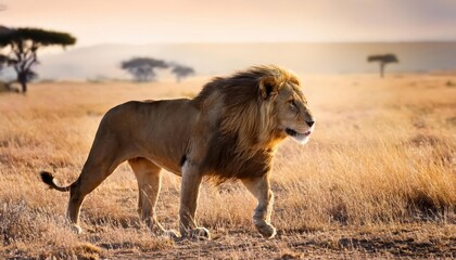 Naklejka premium A Majestic Lion Strolling Across the African Savannah at Twilight, as the Sun Sets, Casting a Golden Glow on the Grasslands, with Silhouettes of Tall Acacia Trees in the Background, Catching the