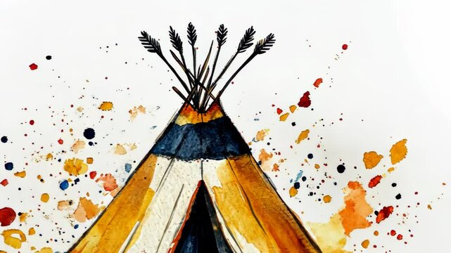 Colorful watercolor drawing of a teepee with arrows and splashes of paint in an artistic style