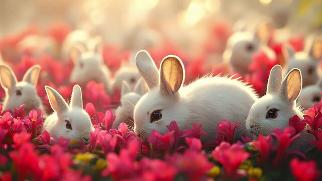 easter bunny with flowers field