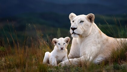 Striking Moment Majestic Lioness Cradling Her Cub amidst Wild African Grasslands, Sunlight Streaming through the Savannah in a Warm and Intimate Scene