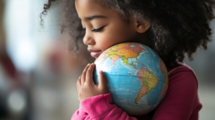 Fototapeta premium Child embraces a globe, symbolizing love for the world and global unity in an indoor setting