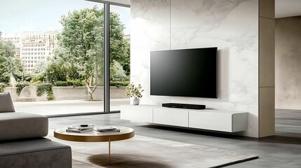 minimalist, living room, interior, design. A modern living room with a sleek design, featuring a large flat-screen TV, minimalist furniture, and a view of greenery through floor-to-ceiling windows.