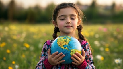 Girl holds a globe in a field of flowers while enjoying a moment of contemplation outdoors