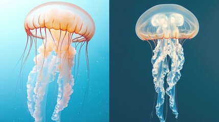 Naklejka premium Two jellyfish underwater, aquarium background, marine life, nature