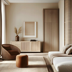 A highend Scandinavian minimalist interior design showcasing both a living room and a bedroom in a harmonious composition The living room features a sleek wooden ca