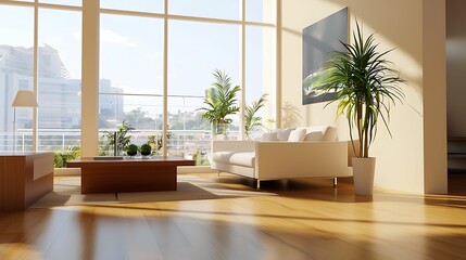 Fototapeta premium minimalist, living room, interior, design. A bright, modern living room featuring large windows, a comfortable sofa, wooden flooring, and various indoor plants, creating a serene atmosphere.