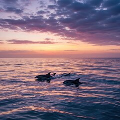 Fototapeta premium Dolphin awareness month celebration at sunset with ocean scenery