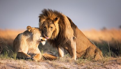 Intimate Moment Lions Panthera leo Grooming in Chobe National Parks Grasslands, Botswana at Sunset