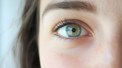 Close-up view of a green eye with long eyelashes and a natural look during daylight
