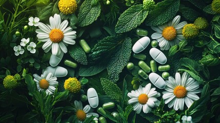 Herbal Remedies And Medicine Tablets Amongst Flowers And Leaves