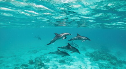 Dolphins swimming underwater in ocean for dolphin awareness month conservation theme