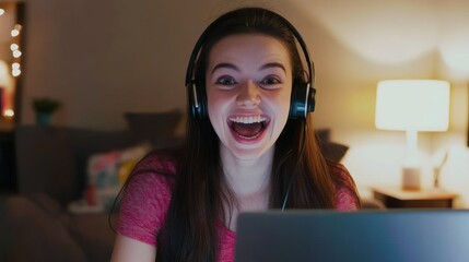 Young woman joyfully engaged in online activity at home during evening hours