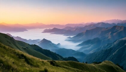 Fototapeta premium Dreamy Misty Mountains – Soft pastel-colored mountains fading into the mist