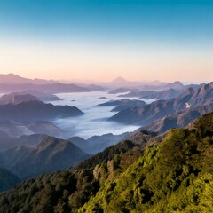 Fototapeta premium Dreamy Misty Mountains – Soft pastel-colored mountains fading into the mist