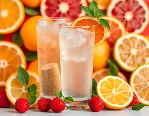 Refreshing Citrus Drinks With Ice And Raspberries