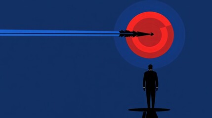 Businessman watches arrow hitting target; success, ambition, strategy
