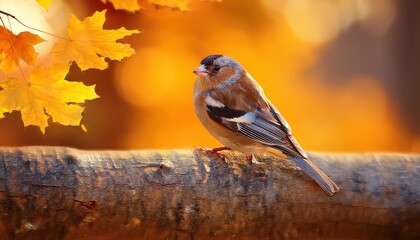 Enchanting Moment Delicate Bird Perched Amongst Autumns Vibrant Gold Leaves, Bathed in the Warmth of a Serene Park Backdrop.
