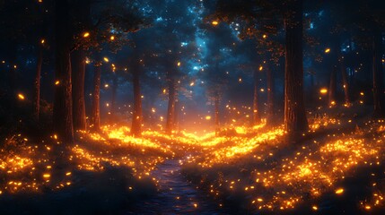 Obraz premium Enchanted forest path, glowing fireflies, night, fantasy, game background
