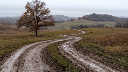 Winding autumn road, hilly landscape, overcast sky, travel