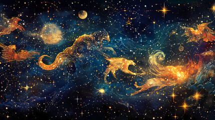 Celestial harmony. space themed backdrop featuring zodiac constellations. Astral Projection Themes. Illustration