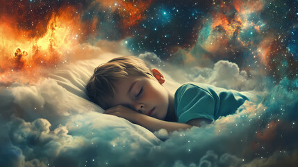 Child sleeping amidst a cosmic backdrop, symbolizing themes of lucid dreaming and astral travel. Astral Projection Themes. Illustration