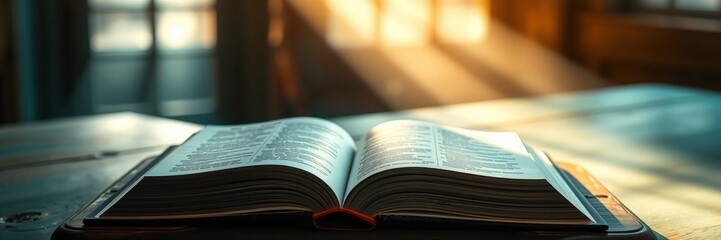 Open book with a serene mood on a wooden table
