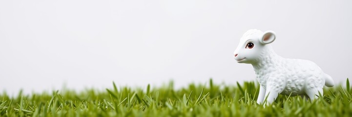 Naklejka premium Toy sheep with a playful mood standing in green grass against a white background with copy space