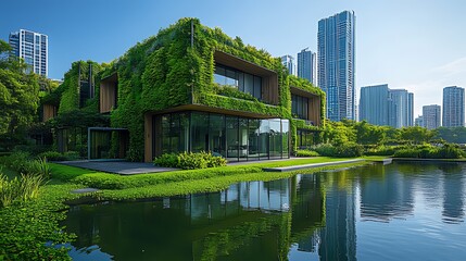 Obraz premium Green Eco-House, City Skyline Reflection, Modern Architecture