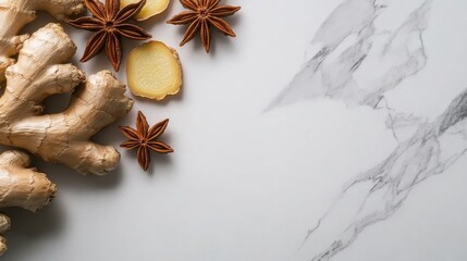 Fresh Ginger and Star Anise Spices Arranged on Marble Surface for Culinary Use and Decoration