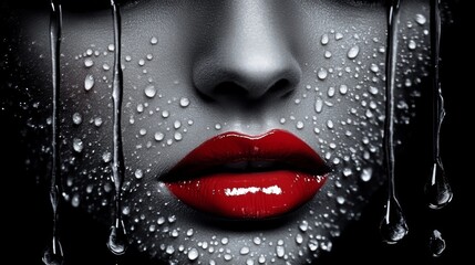 Fototapeta premium Striking close-up of a woman's face with red lips and raindrops highlighting her features against a dark background