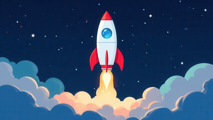 Fototapeta premium A colorful rocket is ascending through fluffy clouds against a starry sky. The rocket's red fins and blue window stand out as it leaves a trail of flame behind, symbolizing adventure.