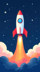 A colorful rocket ascends through the night sky, surrounded by vibrant clouds and twinkling stars. The flames from its engines illuminate the dark sky, showcasing the excitement of space travel.