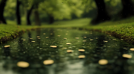 Fototapeta premium Tranquil stream, leaves floating, green forest, serene nature, background blur