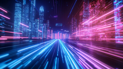 Futuristic Cityscape with Digital Grids and Holographic Interface
