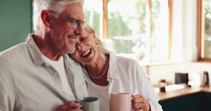Elderly couple, happy and coffee in home with love, bonding and funny story in morning. Senior people, tea time and chatting in kitchen with conversation, care and support with commitment in marriage