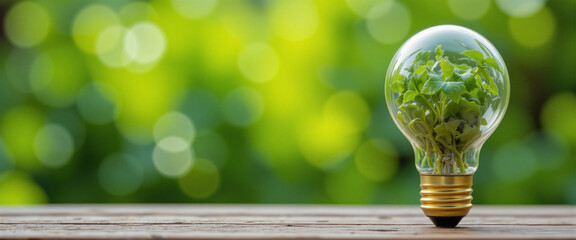 Light bulb with plant sprouting inside conveying sustainability and hope set against a blurred green background